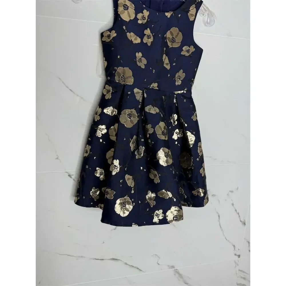 Trixxi Girl Floral Fit & Flare Dress Navy Gold Knee Length Size 7 party holidays